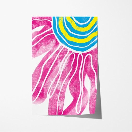 Poster abstrato com traços ousados e texturizados em tons de rosa formando uma figura que lembra uma flor com um centro em azul e amarelo. 6